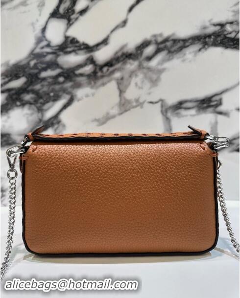 Best Product Fendi Baguette Mini Selleria bag with topstitches in Grained Calfskin 8610S Caramel Brown 2024