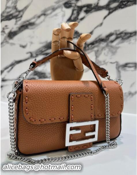 Best Product Fendi Baguette Mini Selleria bag with topstitches in Grained Calfskin 8610S Caramel Brown 2024