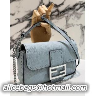 Grade Quality Fendi Baguette Mini Selleria bag with topstitches in Grained Calfskin 8610S Light Blue 2024