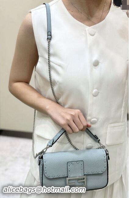 Grade Quality Fendi Baguette Mini Selleria bag with topstitches in Grained Calfskin 8610S Light Blue 2024