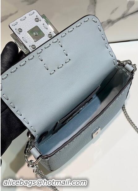 Grade Quality Fendi Baguette Mini Selleria bag with topstitches in Grained Calfskin 8610S Light Blue 2024