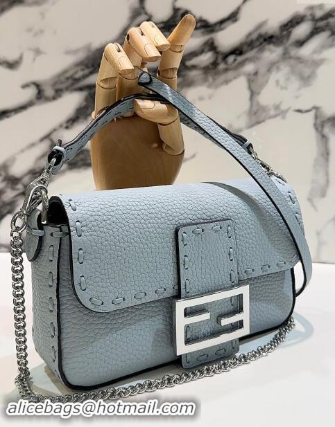 Grade Quality Fendi Baguette Mini Selleria bag with topstitches in Grained Calfskin 8610S Light Blue 2024