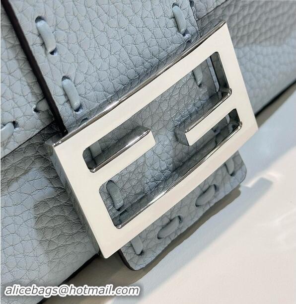 Grade Quality Fendi Baguette Mini Selleria bag with topstitches in Grained Calfskin 8610S Light Blue 2024