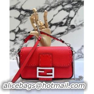 Top Design Fendi Baguette Mini Selleria bag with topstitches in Grained Calfskin 8610S Red 2024