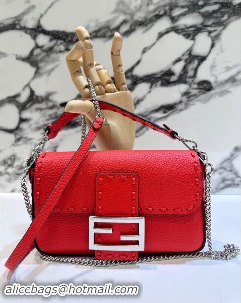 Top Design Fendi Baguette Mini Selleria bag with topstitches in Grained Calfskin 8610S Red 2024