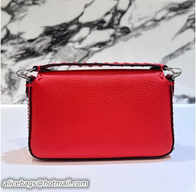 Top Design Fendi Baguette Mini Selleria bag with topstitches in Grained Calfskin 8610S Red 2024