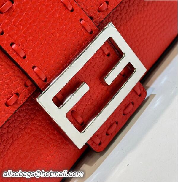 Top Design Fendi Baguette Mini Selleria bag with topstitches in Grained Calfskin 8610S Red 2024