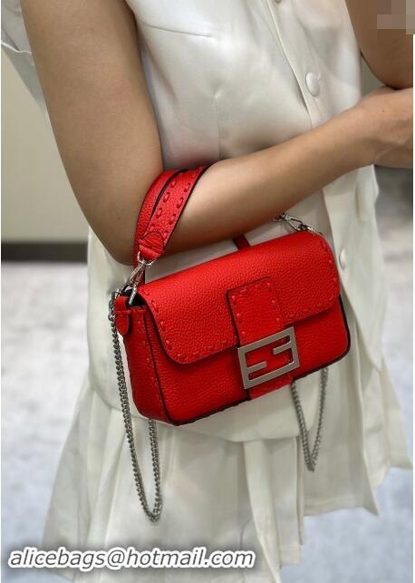 Top Design Fendi Baguette Mini Selleria bag with topstitches in Grained Calfskin 8610S Red 2024