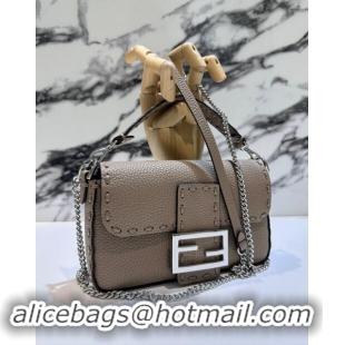 Top Quality Fendi Baguette Mini Selleria bag with topstitches in Grained Calfskin 8610S Dove Grey 2024