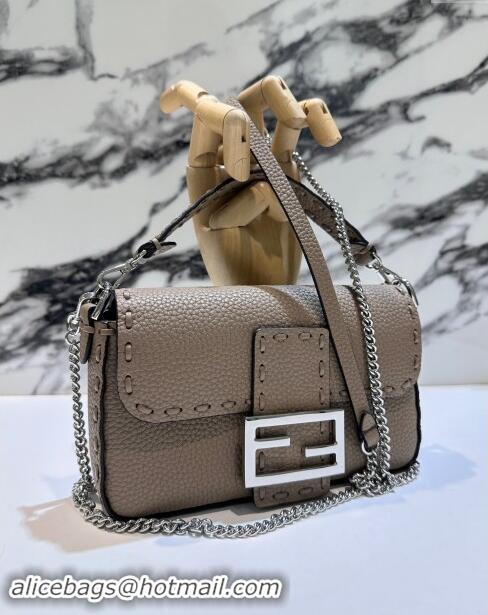 Top Quality Fendi Baguette Mini Selleria bag with topstitches in Grained Calfskin 8610S Dove Grey 2024