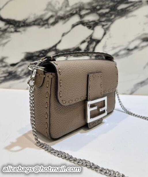 Top Quality Fendi Baguette Mini Selleria bag with topstitches in Grained Calfskin 8610S Dove Grey 2024