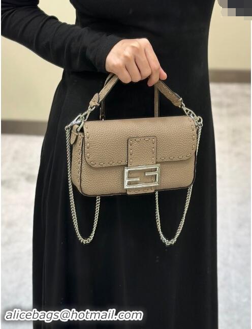 Top Quality Fendi Baguette Mini Selleria bag with topstitches in Grained Calfskin 8610S Dove Grey 2024