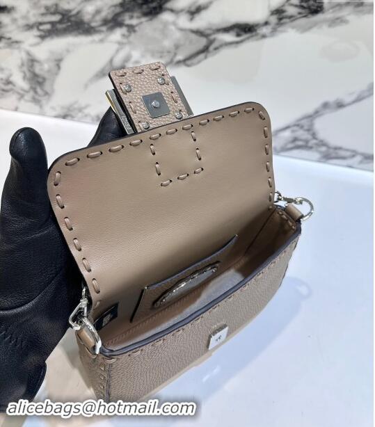 Top Quality Fendi Baguette Mini Selleria bag with topstitches in Grained Calfskin 8610S Dove Grey 2024