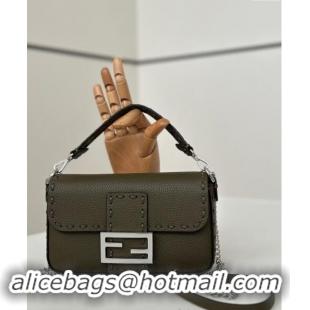 Well Crafted Fendi Baguette Mini Selleria bag with topstitches in Grained Calfskin 8610S Green 2024