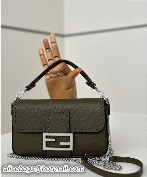 Well Crafted Fendi Baguette Mini Selleria bag with topstitches in Grained Calfskin 8610S Green 2024