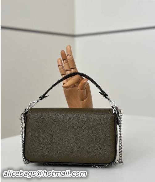 Well Crafted Fendi Baguette Mini Selleria bag with topstitches in Grained Calfskin 8610S Green 2024