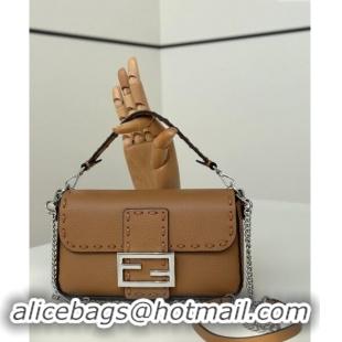 Top Quality Fendi Baguette Mini Selleria bag with topstitches in Grained Calfskin 8610S Dark Beige 2024