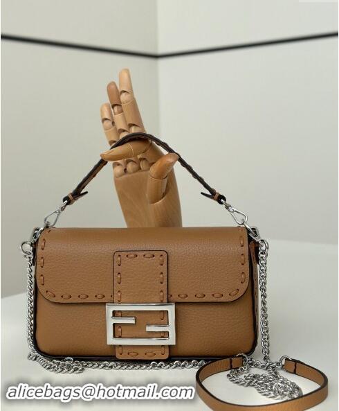 Top Quality Fendi Baguette Mini Selleria bag with topstitches in Grained Calfskin 8610S Dark Beige 2024