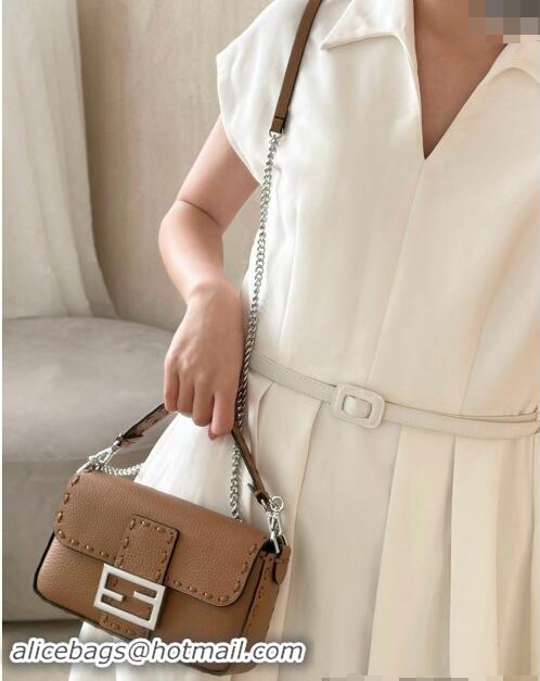 Top Quality Fendi Baguette Mini Selleria bag with topstitches in Grained Calfskin 8610S Dark Beige 2024