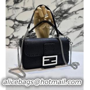 Best Quality Fendi Baguette Mini Selleria bag with topstitches in Grained Calfskin 8610S Black 2024