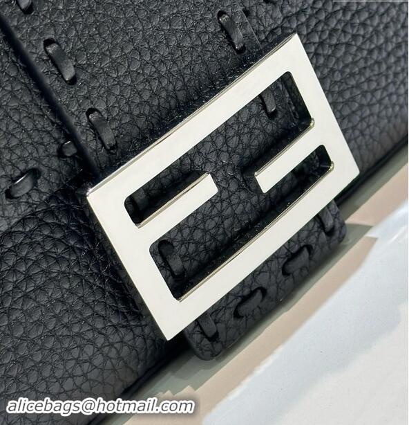 Best Quality Fendi Baguette Mini Selleria bag with topstitches in Grained Calfskin 8610S Black 2024