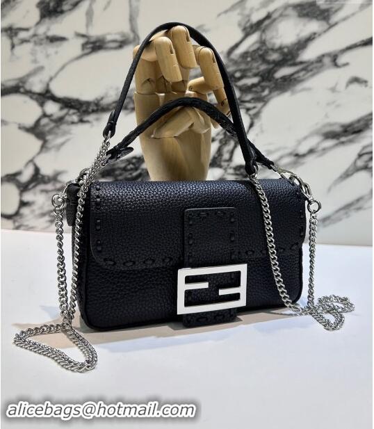 Best Quality Fendi Baguette Mini Selleria bag with topstitches in Grained Calfskin 8610S Black 2024