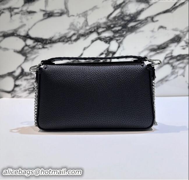 Best Quality Fendi Baguette Mini Selleria bag with topstitches in Grained Calfskin 8610S Black 2024