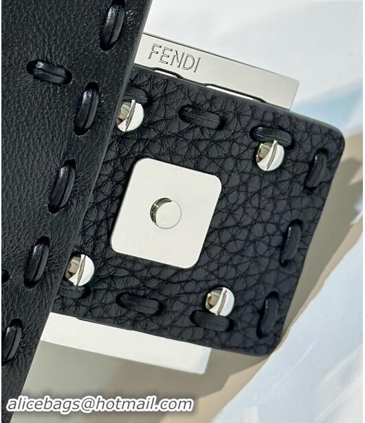 Best Quality Fendi Baguette Mini Selleria bag with topstitches in Grained Calfskin 8610S Black 2024