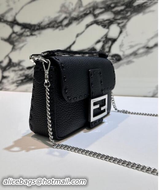 Best Quality Fendi Baguette Mini Selleria bag with topstitches in Grained Calfskin 8610S Black 2024