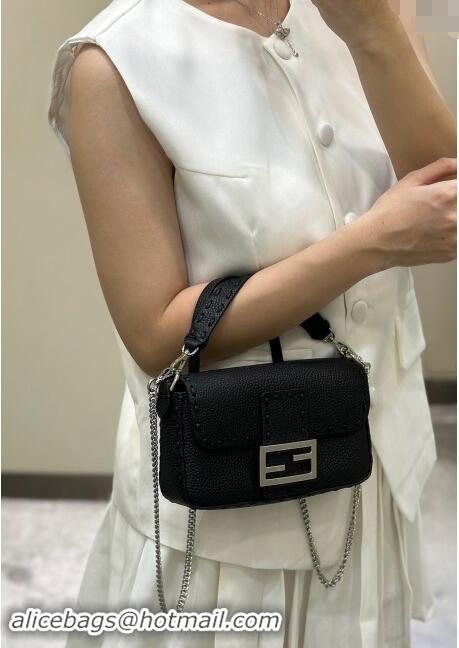 Best Quality Fendi Baguette Mini Selleria bag with topstitches in Grained Calfskin 8610S Black 2024