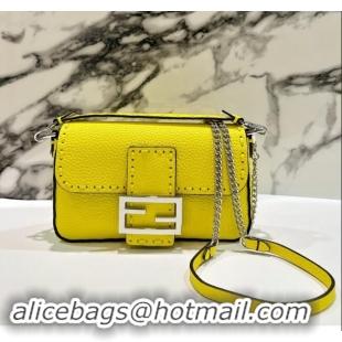 Market Sells Fendi Baguette Mini Selleria bag with topstitches in Grained Calfskin 8610S Acid Yellow 2024