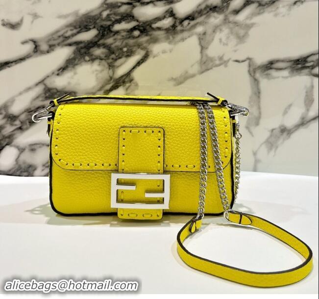 Market Sells Fendi Baguette Mini Selleria bag with topstitches in Grained Calfskin 8610S Acid Yellow 2024