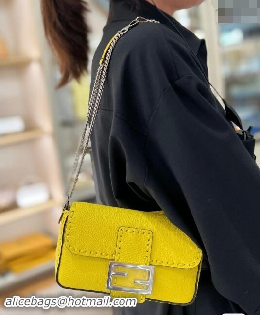 Market Sells Fendi Baguette Mini Selleria bag with topstitches in Grained Calfskin 8610S Acid Yellow 2024