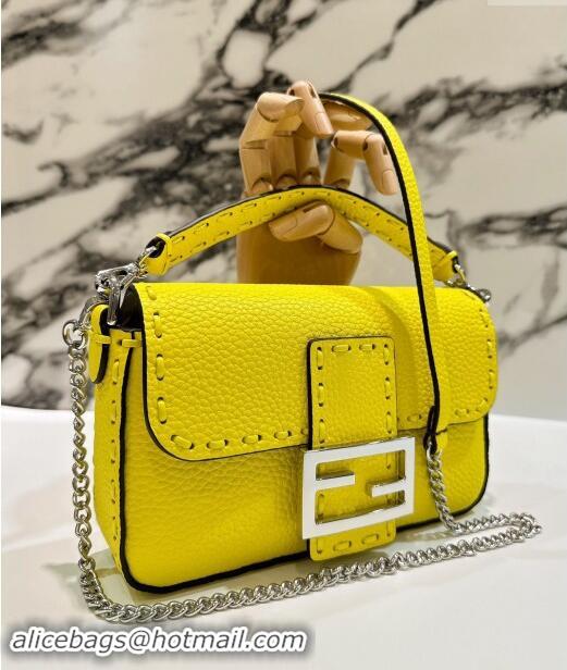 Market Sells Fendi Baguette Mini Selleria bag with topstitches in Grained Calfskin 8610S Acid Yellow 2024