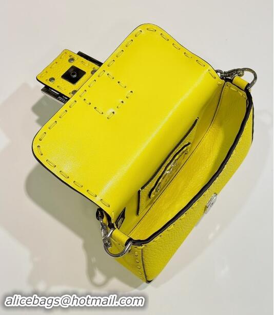 Market Sells Fendi Baguette Mini Selleria bag with topstitches in Grained Calfskin 8610S Acid Yellow 2024