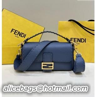 Well Crafted Fendi Regular Selleria Baguette bag with topstitches in Grained Calfskin 8610M Morocco Blue 2024