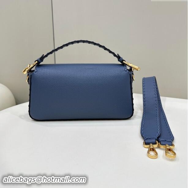 Well Crafted Fendi Regular Selleria Baguette bag with topstitches in Grained Calfskin 8610M Morocco Blue 2024