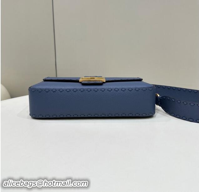 Well Crafted Fendi Regular Selleria Baguette bag with topstitches in Grained Calfskin 8610M Morocco Blue 2024