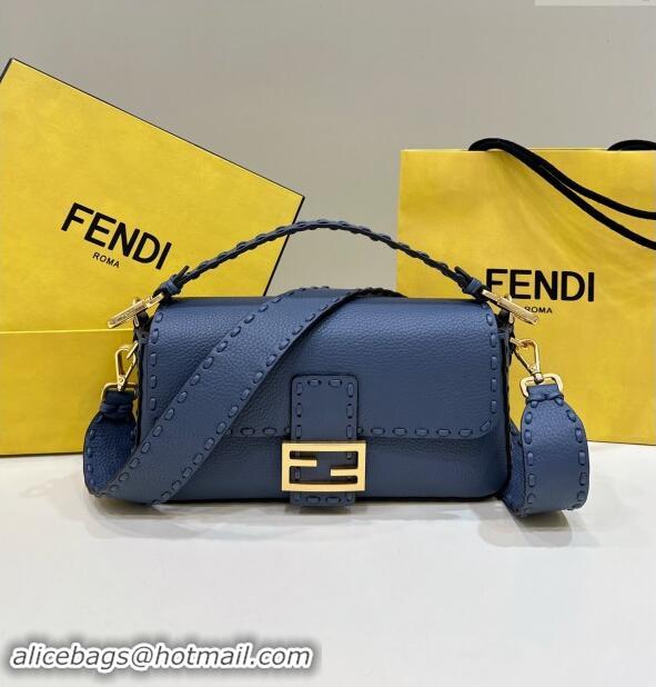 Well Crafted Fendi Regular Selleria Baguette bag with topstitches in Grained Calfskin 8610M Morocco Blue 2024