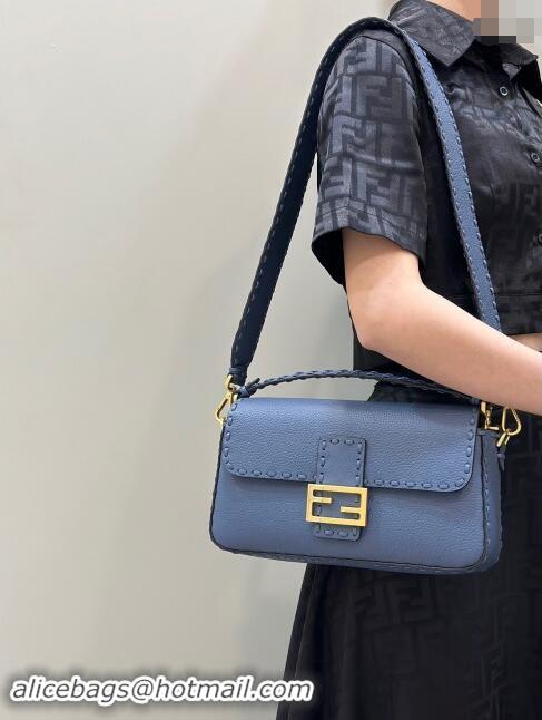 Well Crafted Fendi Regular Selleria Baguette bag with topstitches in Grained Calfskin 8610M Morocco Blue 2024