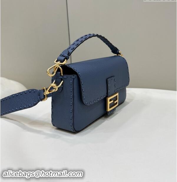 Well Crafted Fendi Regular Selleria Baguette bag with topstitches in Grained Calfskin 8610M Morocco Blue 2024