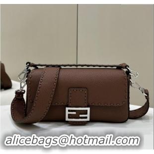 Top Grade Fendi Regular Selleria Baguette bag with topstitches in Grained Calfskin 8610M Dark Brown 2024