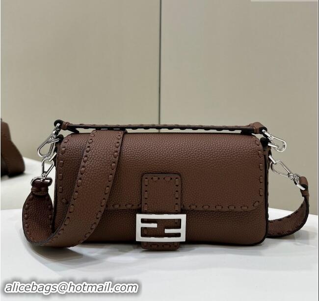 Top Grade Fendi Regular Selleria Baguette bag with topstitches in Grained Calfskin 8610M Dark Brown 2024