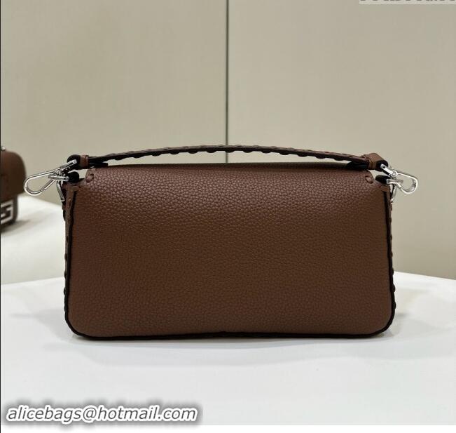 Top Grade Fendi Regular Selleria Baguette bag with topstitches in Grained Calfskin 8610M Dark Brown 2024