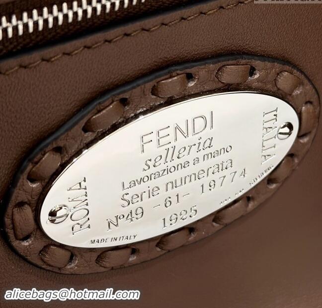 Top Grade Fendi Regular Selleria Baguette bag with topstitches in Grained Calfskin 8610M Dark Brown 2024