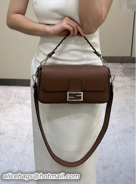 Top Grade Fendi Regular Selleria Baguette bag with topstitches in Grained Calfskin 8610M Dark Brown 2024