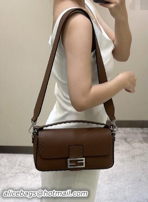 Top Grade Fendi Regular Selleria Baguette bag with topstitches in Grained Calfskin 8610M Dark Brown 2024