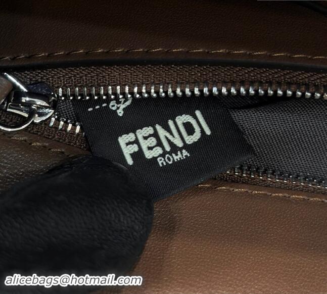 Top Grade Fendi Regular Selleria Baguette bag with topstitches in Grained Calfskin 8610M Dark Brown 2024