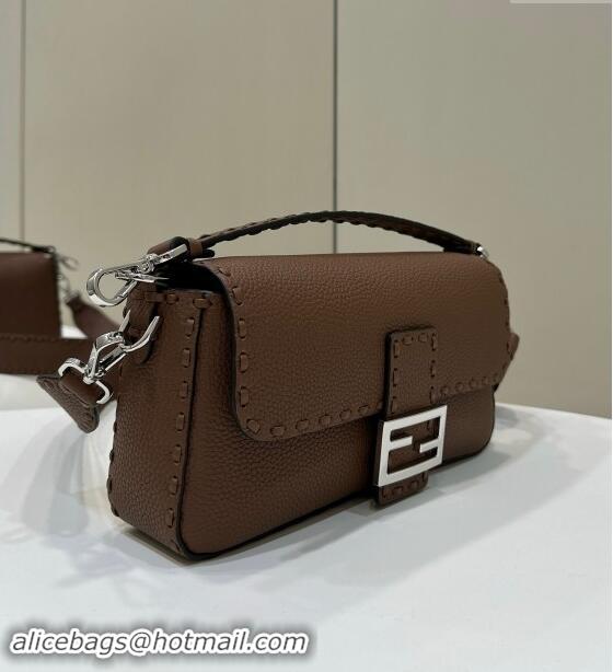 Top Grade Fendi Regular Selleria Baguette bag with topstitches in Grained Calfskin 8610M Dark Brown 2024