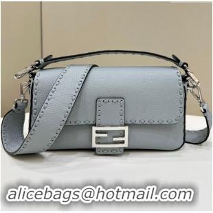 Reasonable Price Fendi Regular Selleria Baguette bag with topstitches in Grained Calfskin 8610M Light Blue 2024